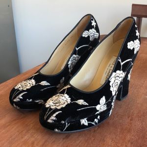 1990s Dolce and Gabbana Embroidered Black Velvet Wedge Heels